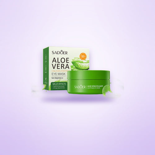 Aloe vera under-eye masks 60 pack shown on a soft lavender background