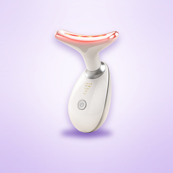 LED therapy face and neck massager shown on a soft lavender background