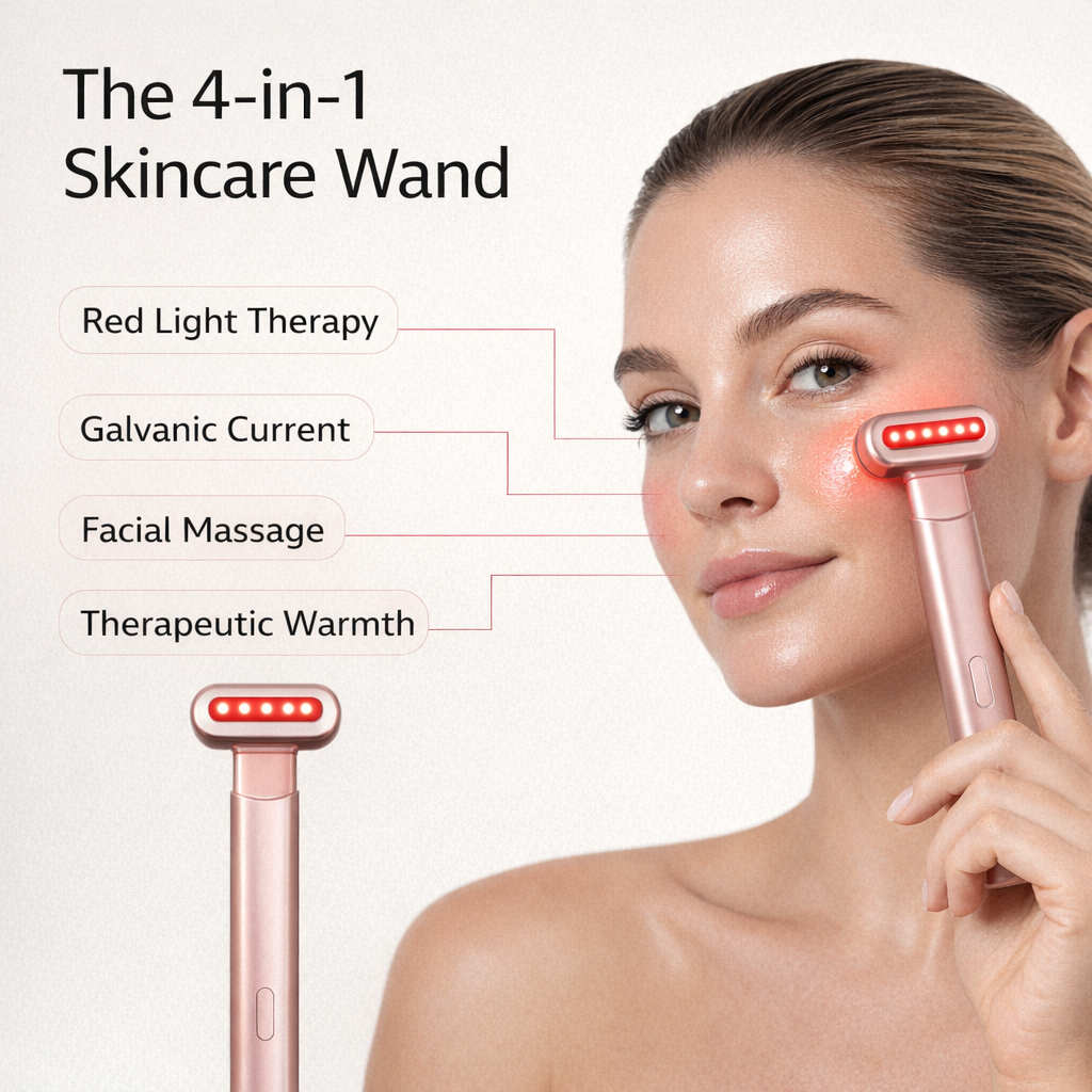 The 4-in-1 skincare wand: red light therapy, galvanic current, facial massage, therapeutic warmth