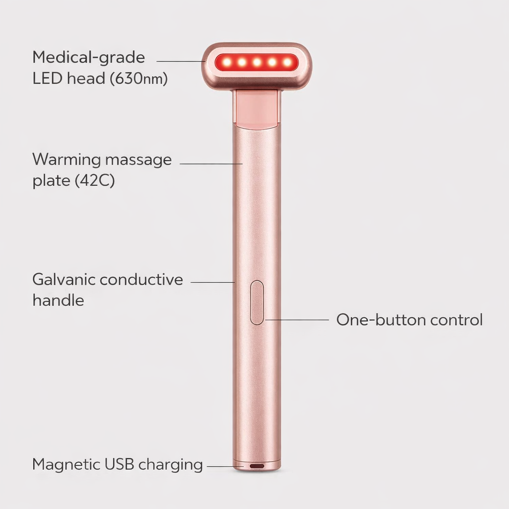 Halo wand feature breakdown: LED head, warming plate, galvanic handle, USB charging