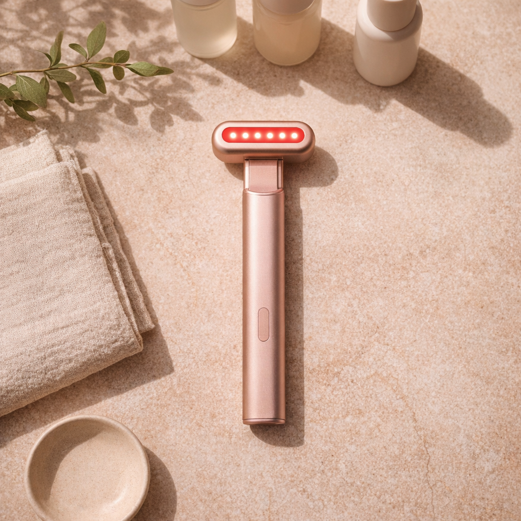 Flat-lay of the rose-gold Halo wand on a marble vanity with minimalist skincare
