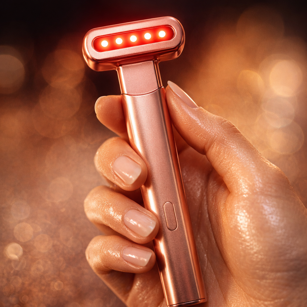 Close-up of a hand holding the Halo wand with the red LED head illuminated