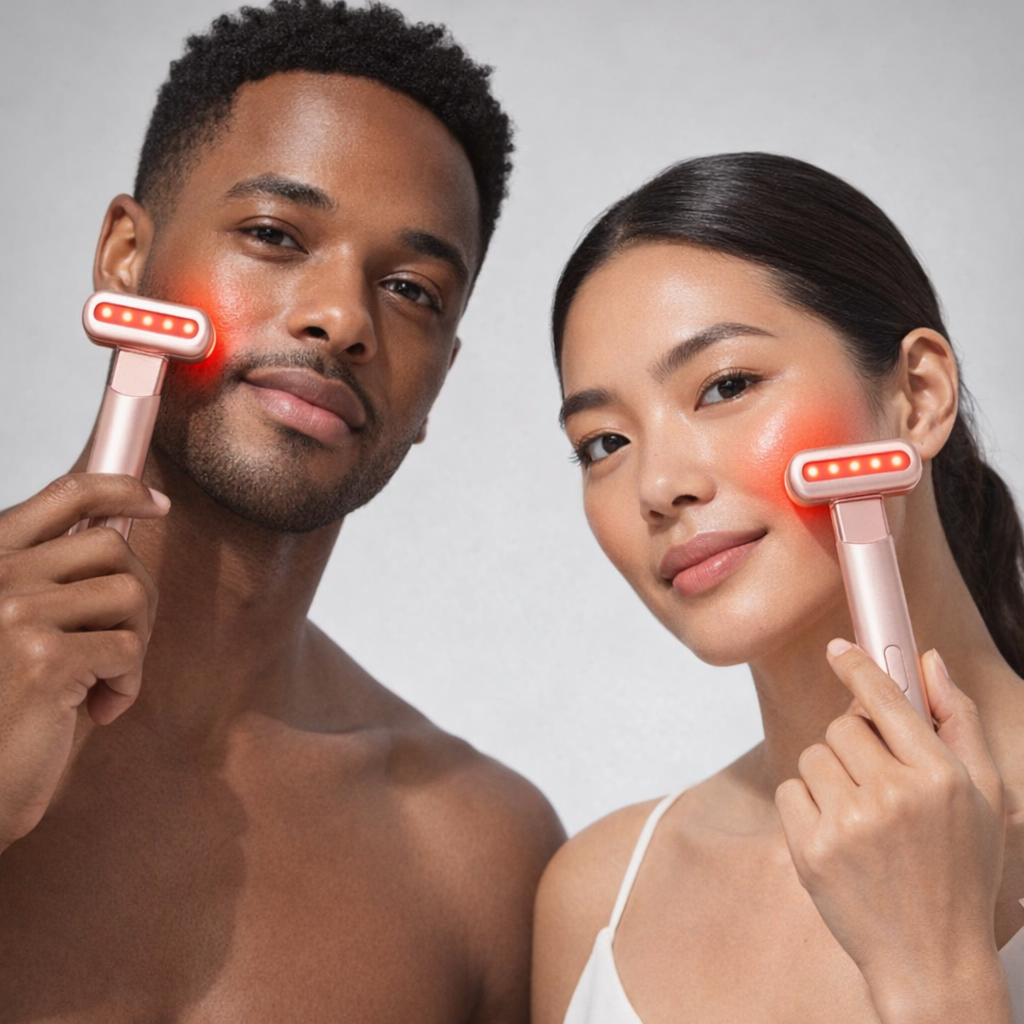 Two models using Halo red light wands with a glow on their skin