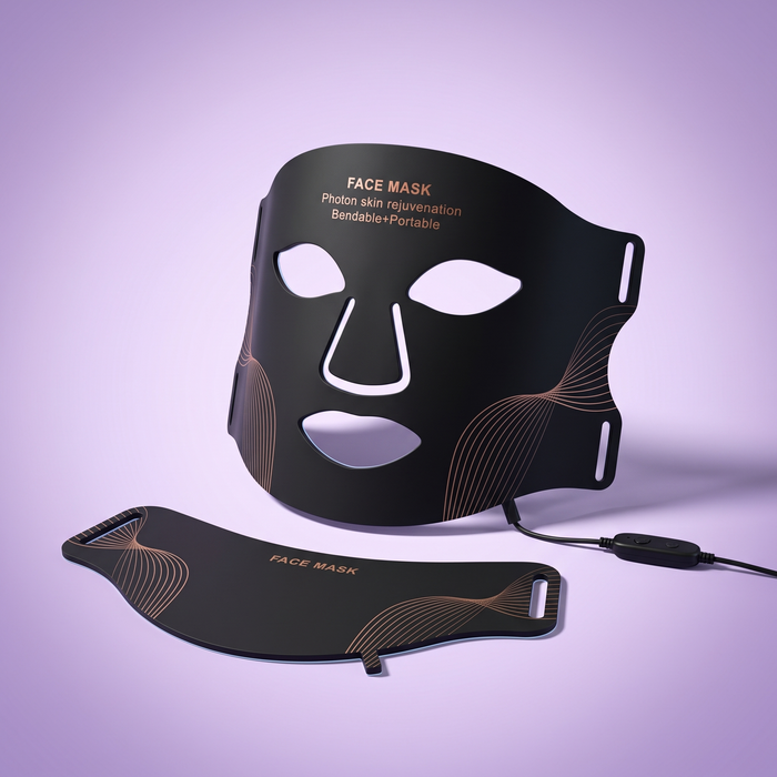 LED silicone face and neck mask shown on a soft lavender background