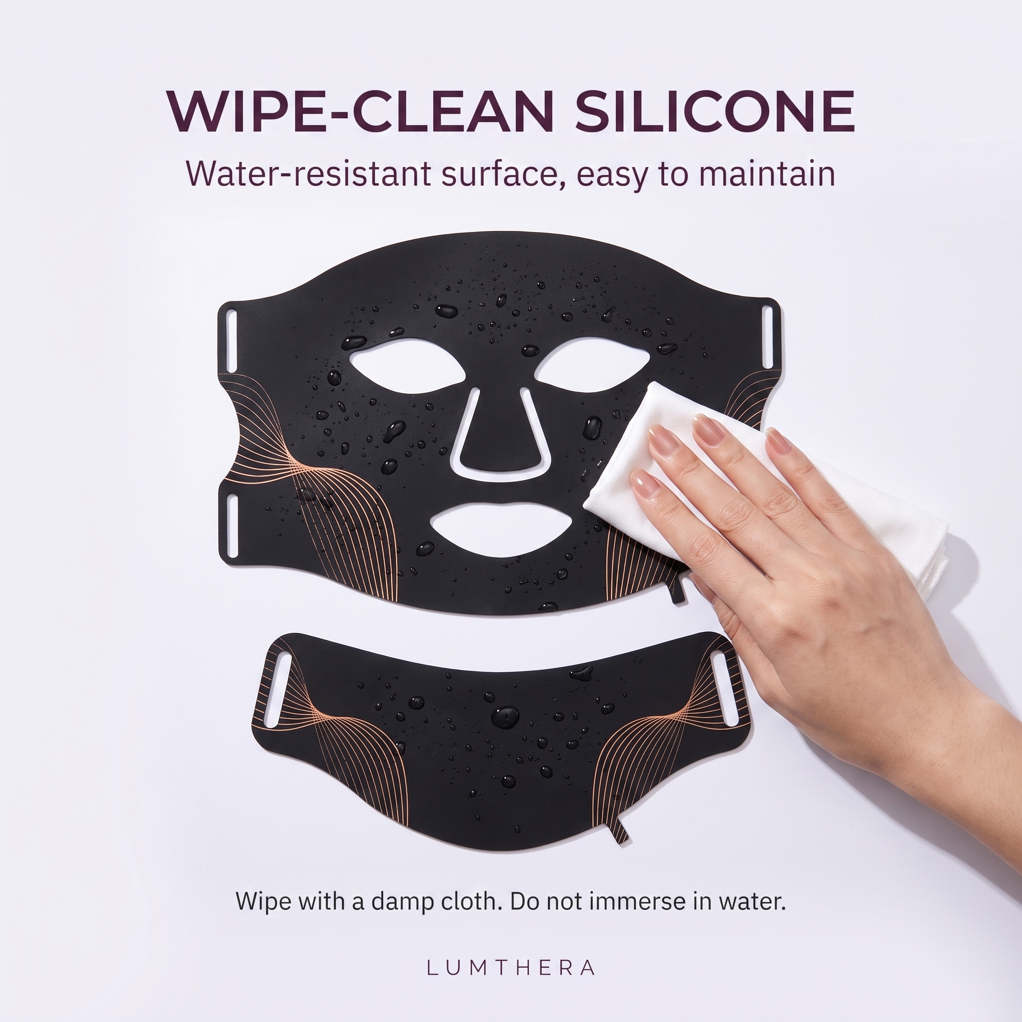 Wipe-clean water-resistant silicone surface being cleaned with a soft cloth