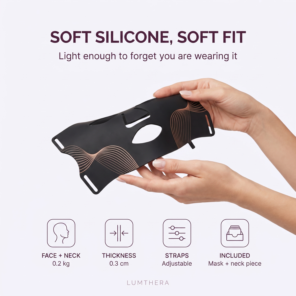 Soft silicone fit — 0.2 kg for the set, 0.3 cm thin, adjustable straps, mask and neck piece included